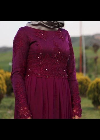 Bordo Uzun Kollu Drapeli Kadın Abiye Elbise - Görsel 3