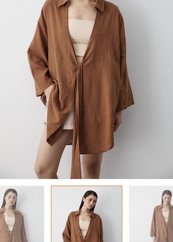 Kadın kahverengi Midi Uzun Kollu Salaş kimono - Görsel 2