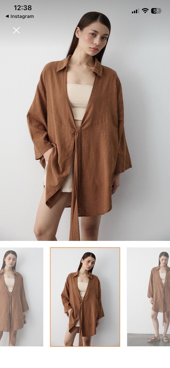 Kadın kahverengi Midi Uzun Kollu Salaş kimono - Görsel 2