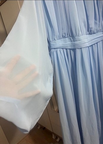 Kadın Mavi Uzun Tül Kollu Elbise - Görsel 3