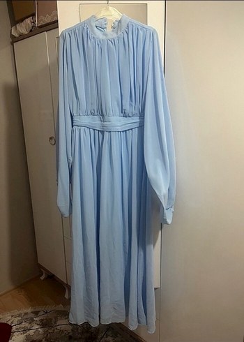 Kadın Mavi Uzun Tül Kollu Elbise - Görsel 2