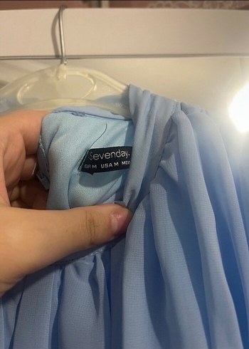 Kadın Mavi Uzun Tül Kollu Elbise - Görsel 4