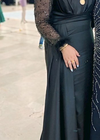 Siyah saten Uzun Kollu Abiye Elbise - Görsel 4