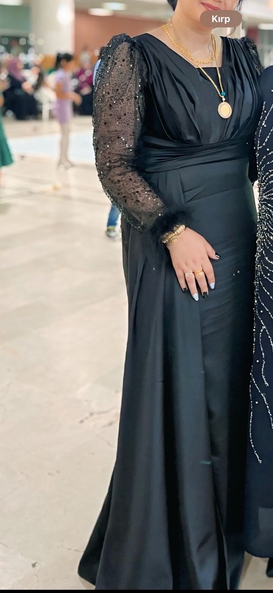 Siyah saten Uzun Kollu Abiye Elbise - Görsel 4