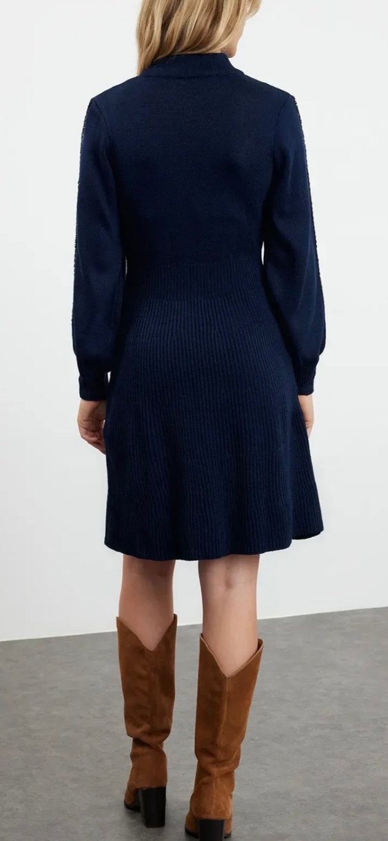 Lacivert Örgü Midi Kadın Elbise - Görsel 3