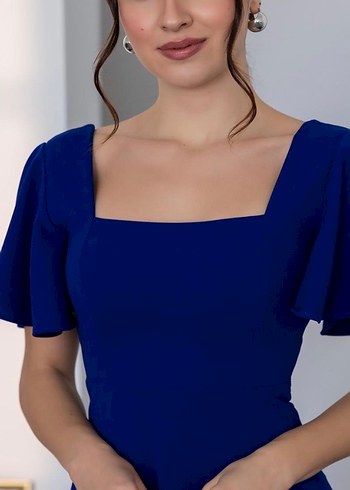 Mavi Midi Modern Klasik Elbise - Görsel 3