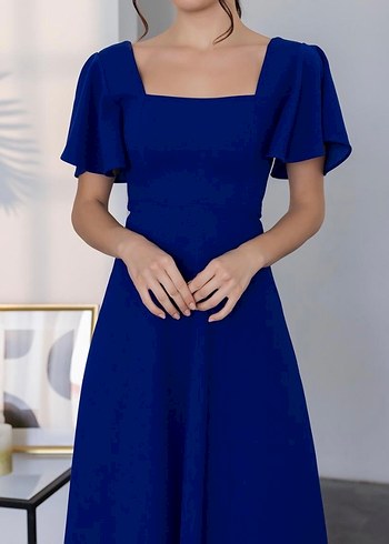 Mavi Midi Modern Klasik Elbise - Görsel 2