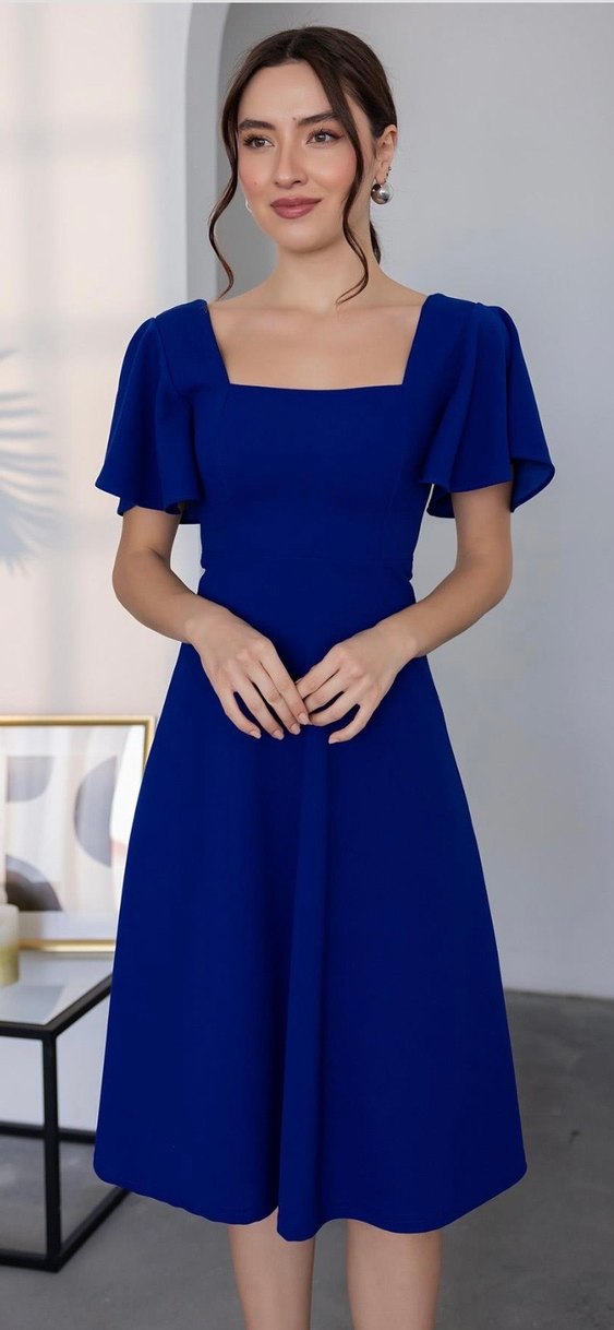 Mavi Midi Modern Klasik Elbise - Görsel 2