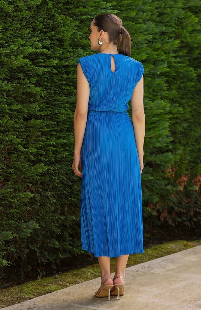 Kadın Mavi Uzun Pliseli Elbise - Görsel 2