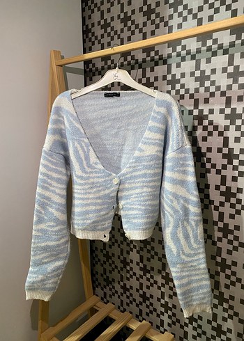 Mavi Zebra Desenli V Yaka Mini Hırka