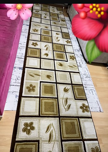 Kahverengi Kareli Çiçek Desenli Halı - Görsel 5