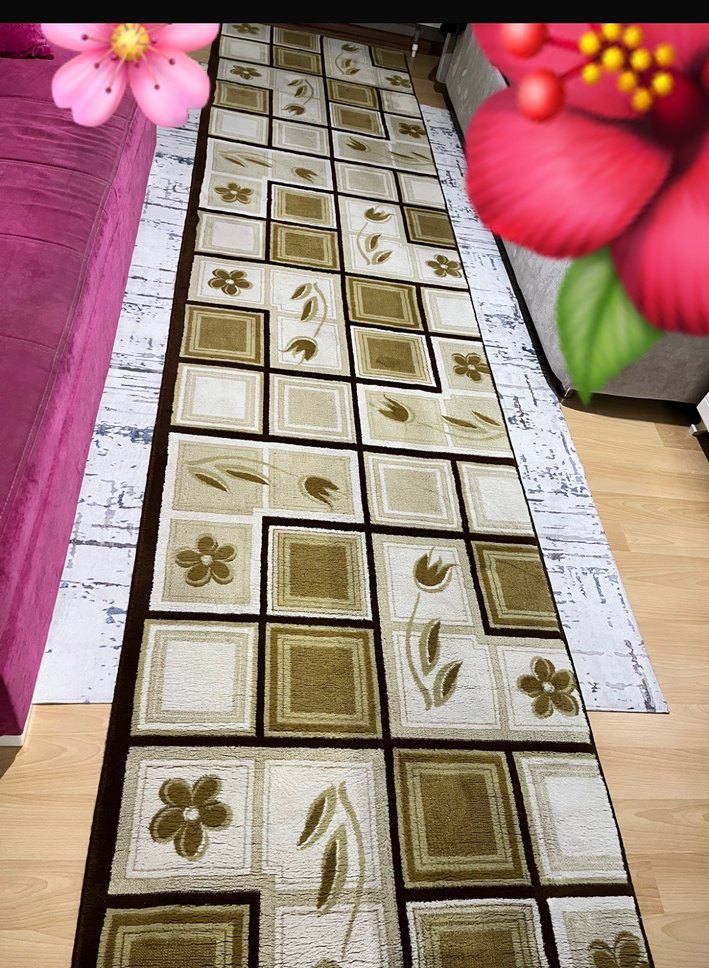 Kahverengi Kareli Çiçek Desenli Halı - Görsel 5