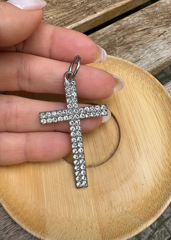 Taşlı Haç gümüş renk kolye ucu - Görsel 2