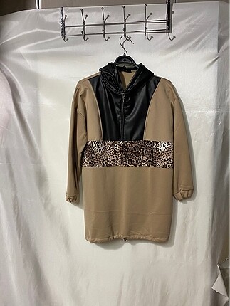 Kapüşonlu deri leopar siyah camel sweatshirt