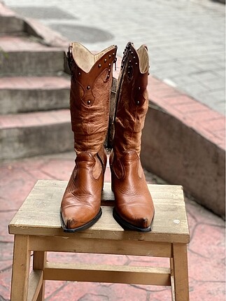Hakiki deri kahverengi Western kovboy çizme