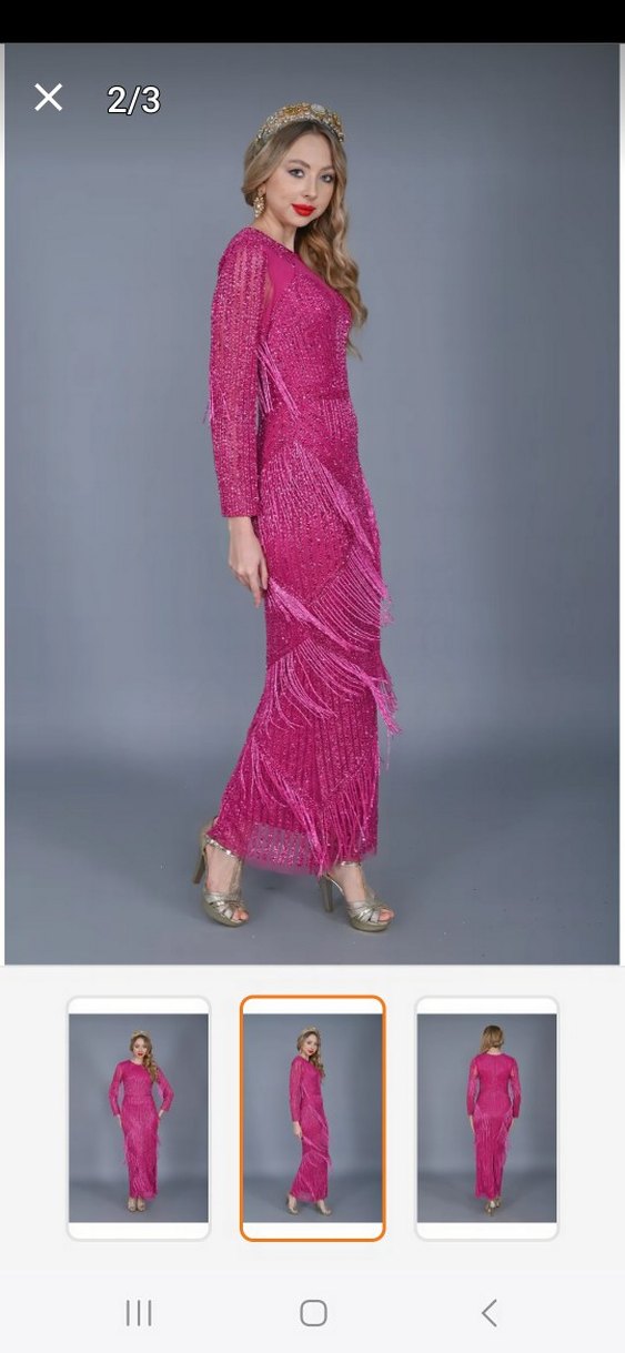 Pembe Uzun Kollu Drapeli Abiye Elbise - Görsel 2