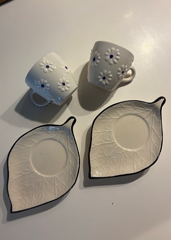 Beyaz Çiçek Desenli 2'li Fincan ve Tabak Seti - Görsel 5