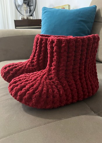 Bordo Örgü Kız Ev Terliği - Görsel 2