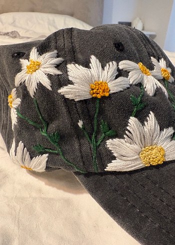 Çiçek işlemeli Gri Bohem tasarım Şapka - Görsel 4