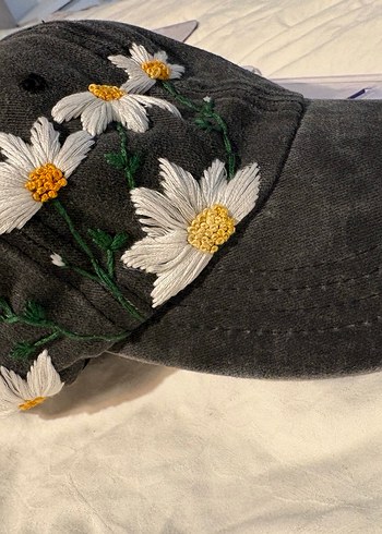 Çiçek işlemeli Gri Bohem tasarım Şapka - Görsel 2