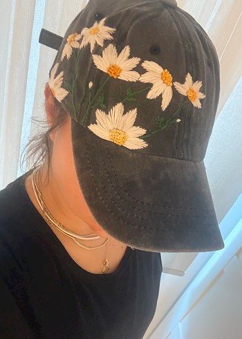 Çiçek işlemeli Gri Bohem tasarım Şapka - Görsel 3