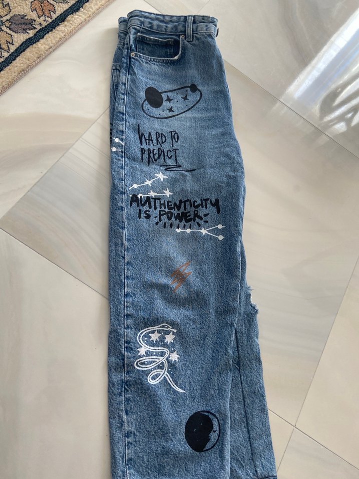 Desenli, Tokalı Mavi Kadın Denim Pantolon - Görsel 4