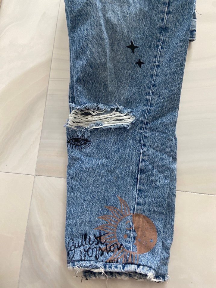 Desenli, Tokalı Mavi Kadın Denim Pantolon - Görsel 3