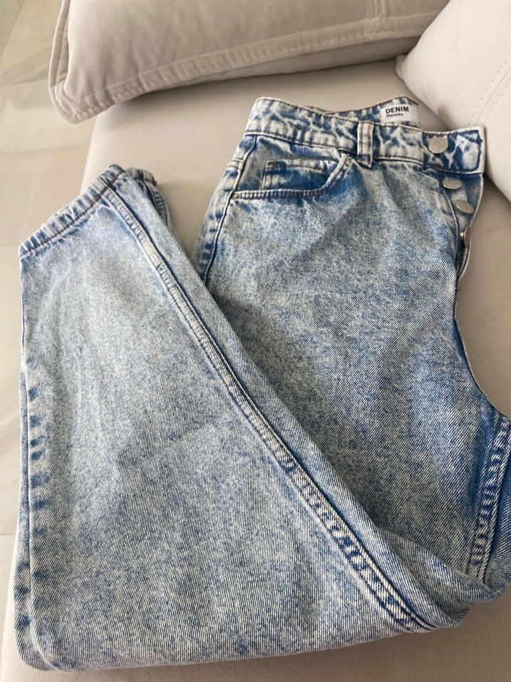 Düğmeli Mavi Bağlama Desenli Salaş Kot Pantolon - Görsel 4