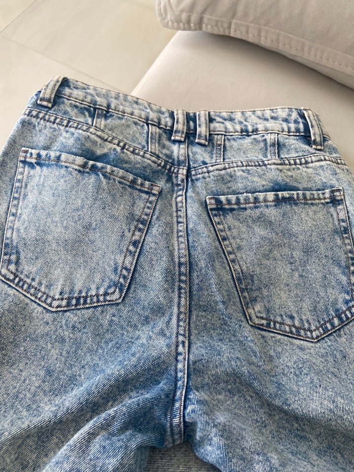 Düğmeli Mavi Bağlama Desenli Salaş Kot Pantolon - Görsel 3