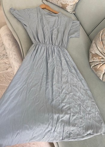 Mavi V Yaka Keten Midi Elbise - Görsel 3