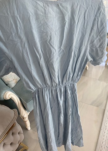 Mavi V Yaka Keten Midi Elbise - Görsel 4