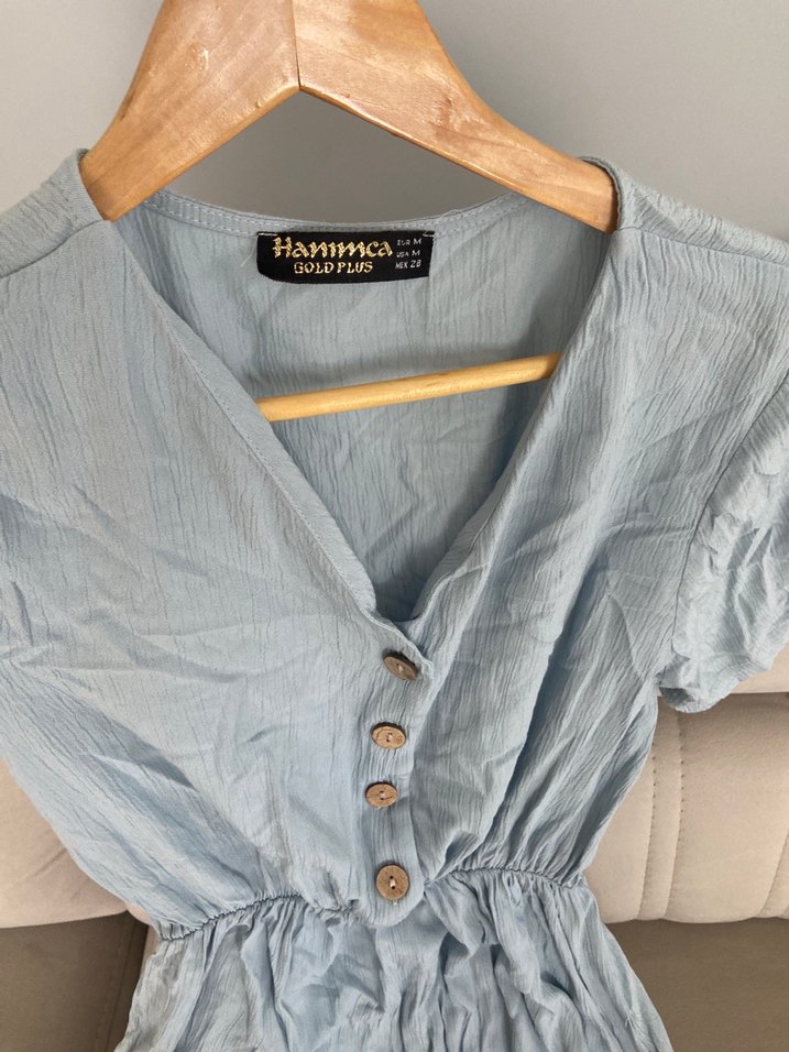 Mavi V Yaka Keten Midi Elbise - Görsel 5