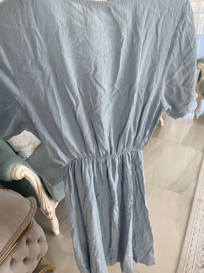 Mavi V Yaka Keten Midi Elbise - Görsel 4