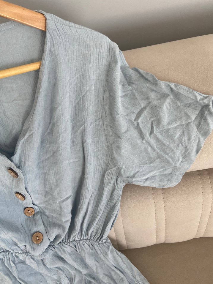 Mavi V Yaka Keten Midi Elbise - Görsel 2