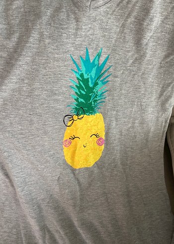 Gri V Yakalı Ananas Baskılı Kadın elbise - Görsel 3