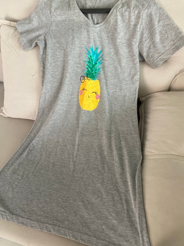 Gri V Yakalı Ananas Baskılı Kadın elbise - Görsel 2