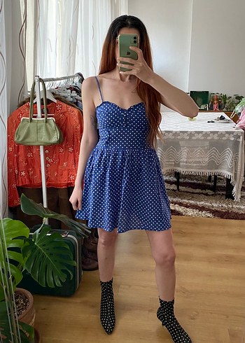 American Vintage Mavi Puantiyeli Askili Mini Elbise