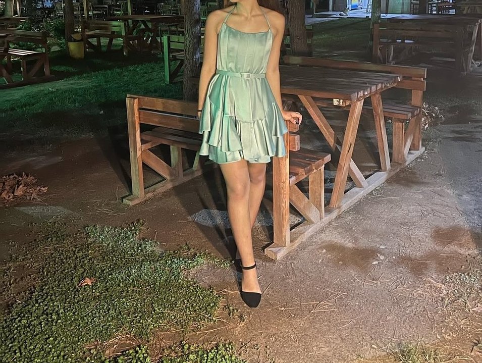 Yeşil Mini Fırfırlı Askılı Kadın Elbise - Görsel 2