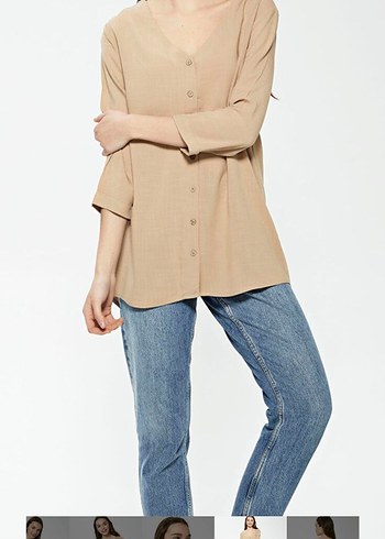 V Yaka Bej Düğmeli Keten Kadın Gömlek - Görsel 3
