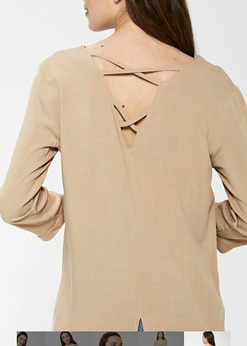 V Yaka Bej Düğmeli Keten Kadın Gömlek - Görsel 4