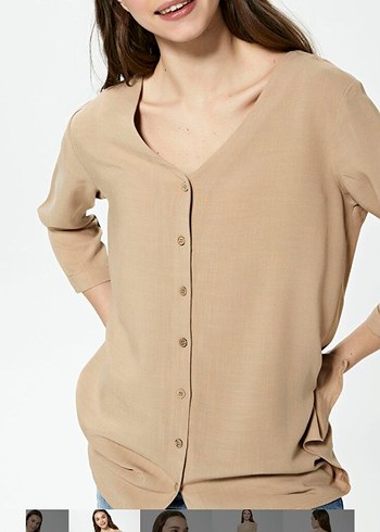 V Yaka Bej Düğmeli Keten Kadın Gömlek - Görsel 2