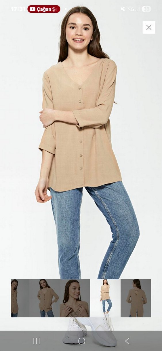 V Yaka Bej Düğmeli Keten Kadın Gömlek - Görsel 3