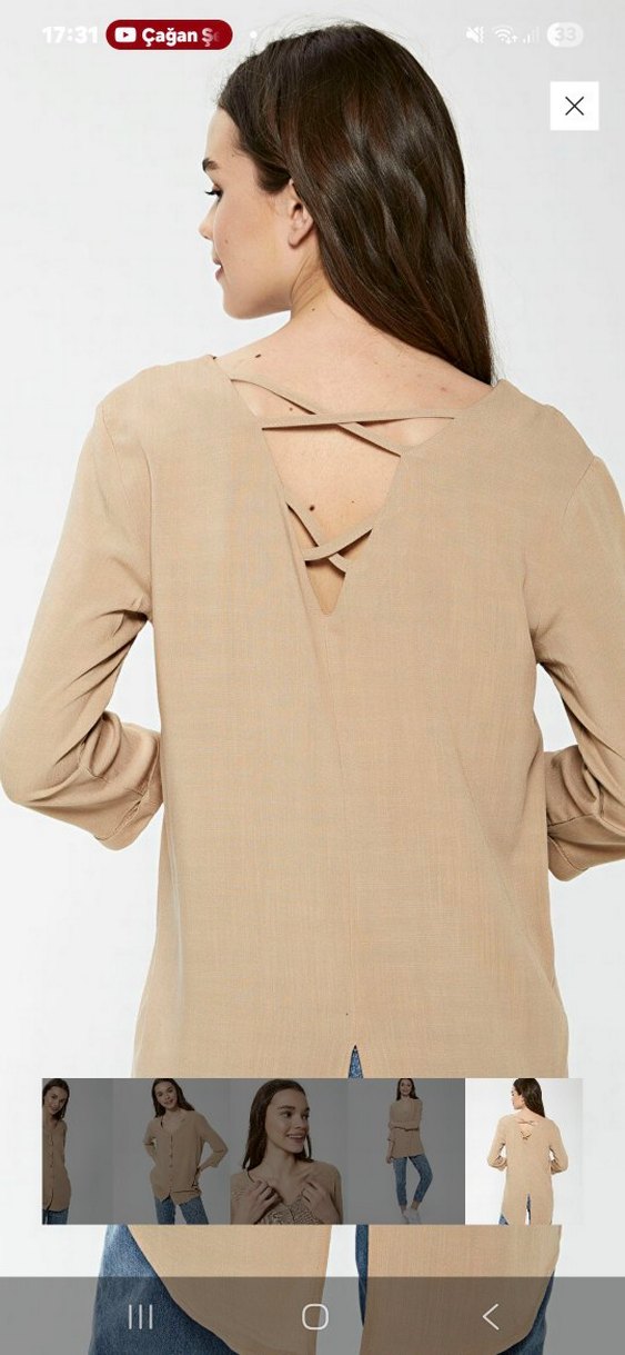 V Yaka Bej Düğmeli Keten Kadın Gömlek - Görsel 4
