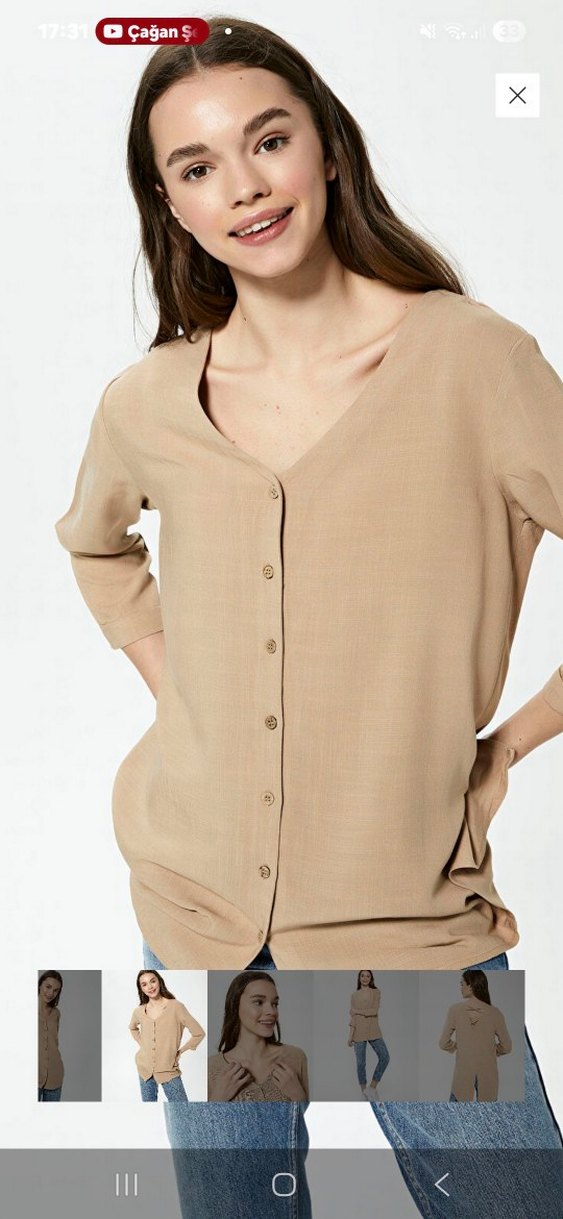 V Yaka Bej Düğmeli Keten Kadın Gömlek - Görsel 2
