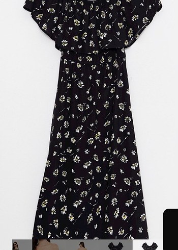 Omuzları Açık Uzun Siyah Çiçekli Elbise - Görsel 7