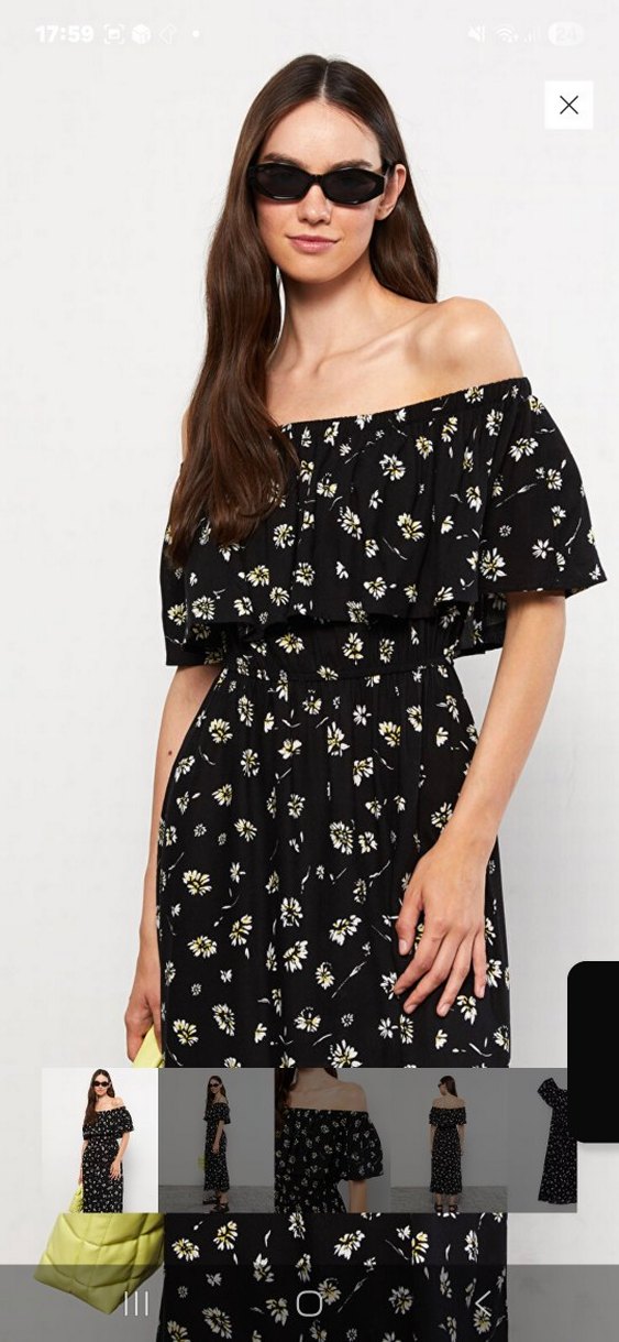 Omuzları Açık Uzun Siyah Çiçekli Elbise - Görsel 2