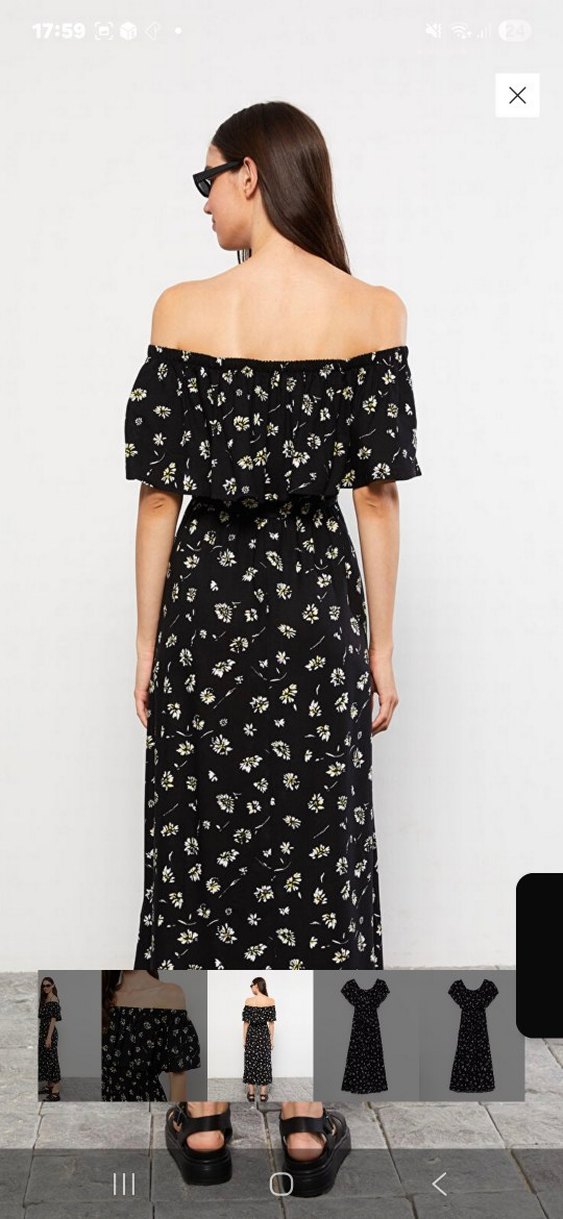 Omuzları Açık Uzun Siyah Çiçekli Elbise - Görsel 5