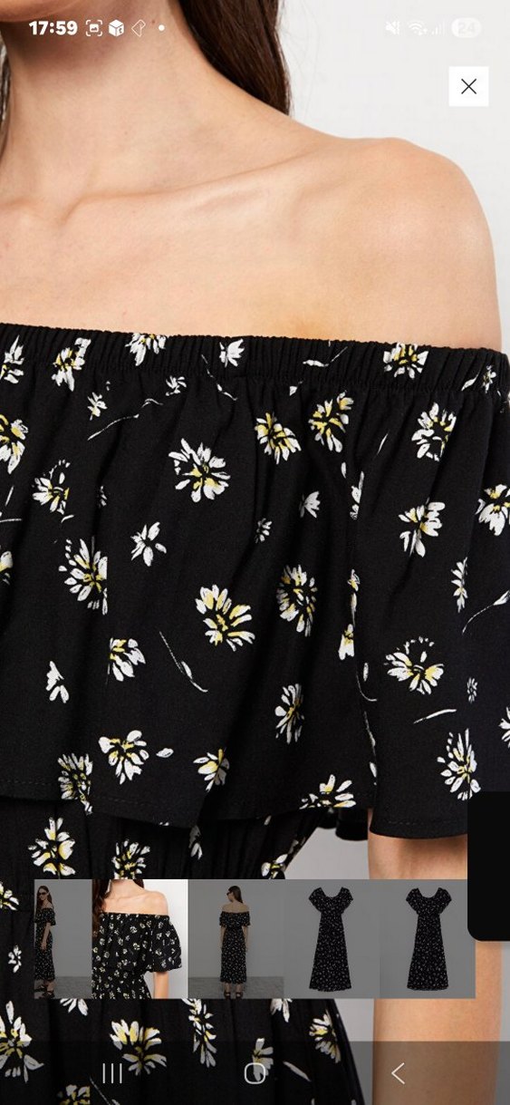 Omuzları Açık Uzun Siyah Çiçekli Elbise - Görsel 4