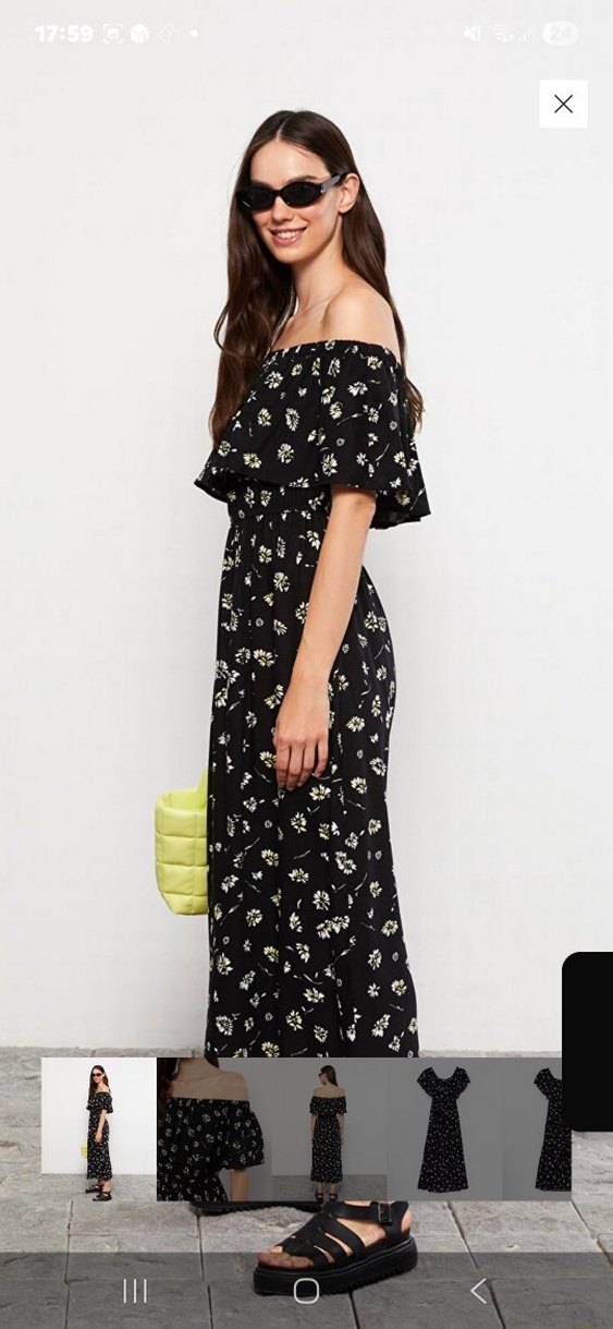 Omuzları Açık Uzun Siyah Çiçekli Elbise - Görsel 3