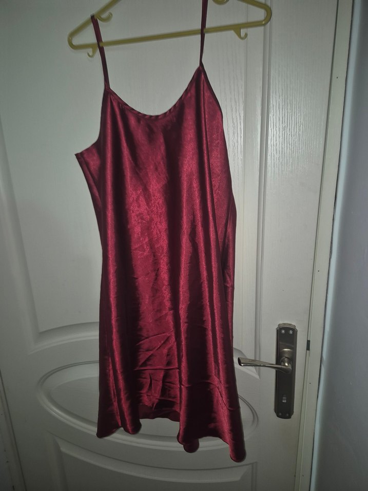 Bordo Parlak Midi Bohem Saten Gecelik - Görsel 2